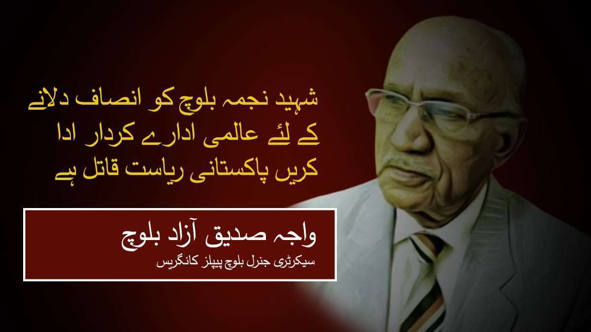 شہید نجمہ بلوچ کو انصاف دلانے کے لئے عالمی ادارے کردار ادا کریں پاکستانی ریاست قاتل ہے ۔ واجہ صدیق آزاد بلوچ