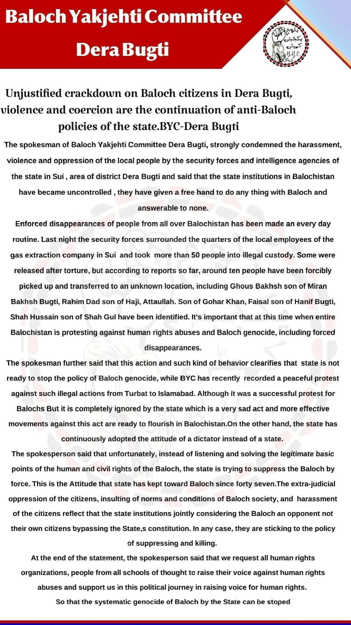 Unjustified crackdown on Baloch citizens in Dera Bugti, violence and coercion are the continuation of anti-Baloch policies of the state. BYC-Dera Bugti