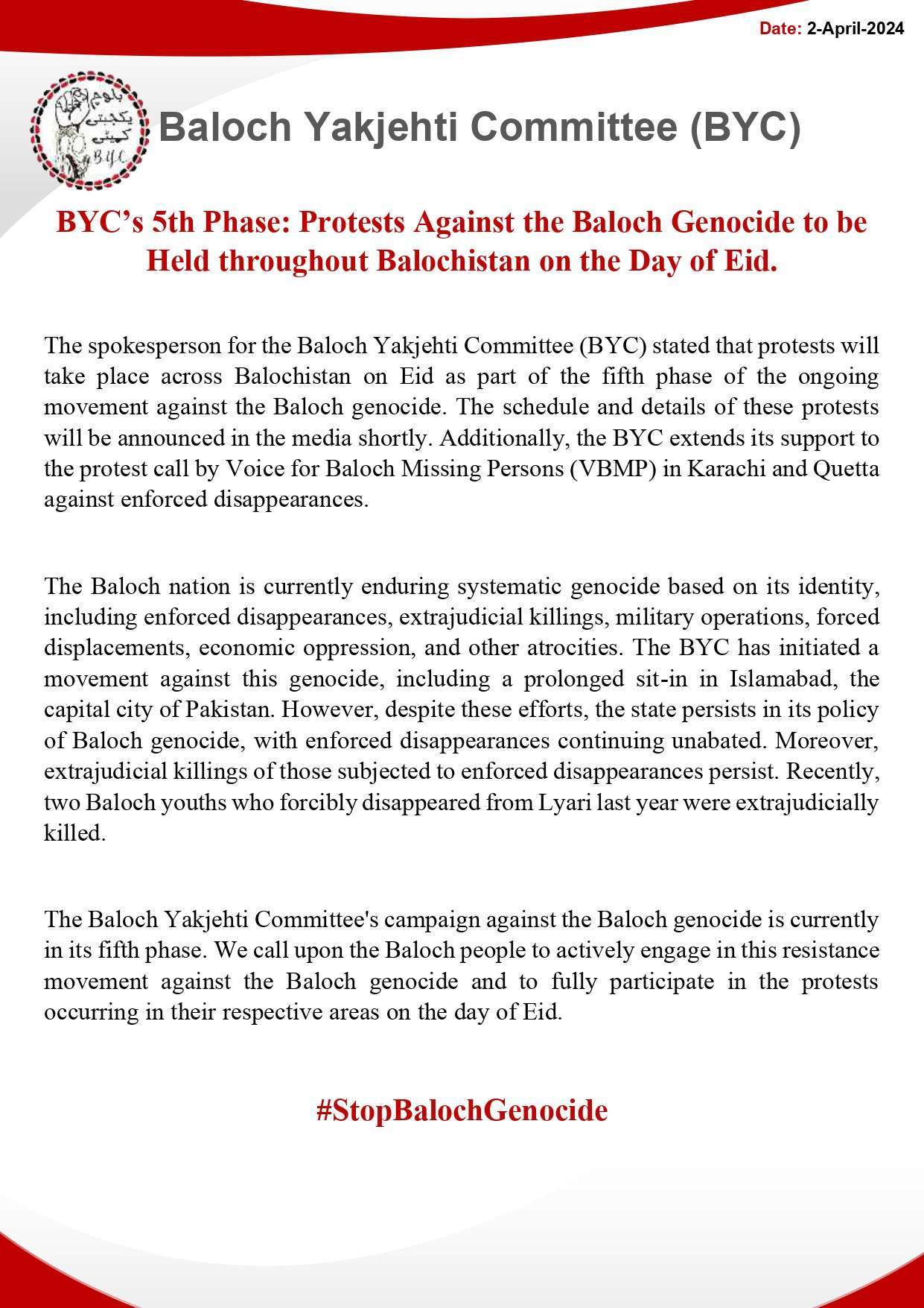 Protests Against the Baloch Genocide to be Held throughout Balochistan on the Day of Eid.