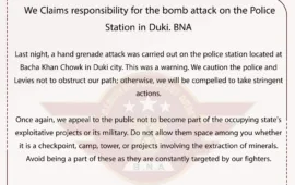 Nationalist Army Claims responsibility for the bomb attack on the Police Station in Duki.