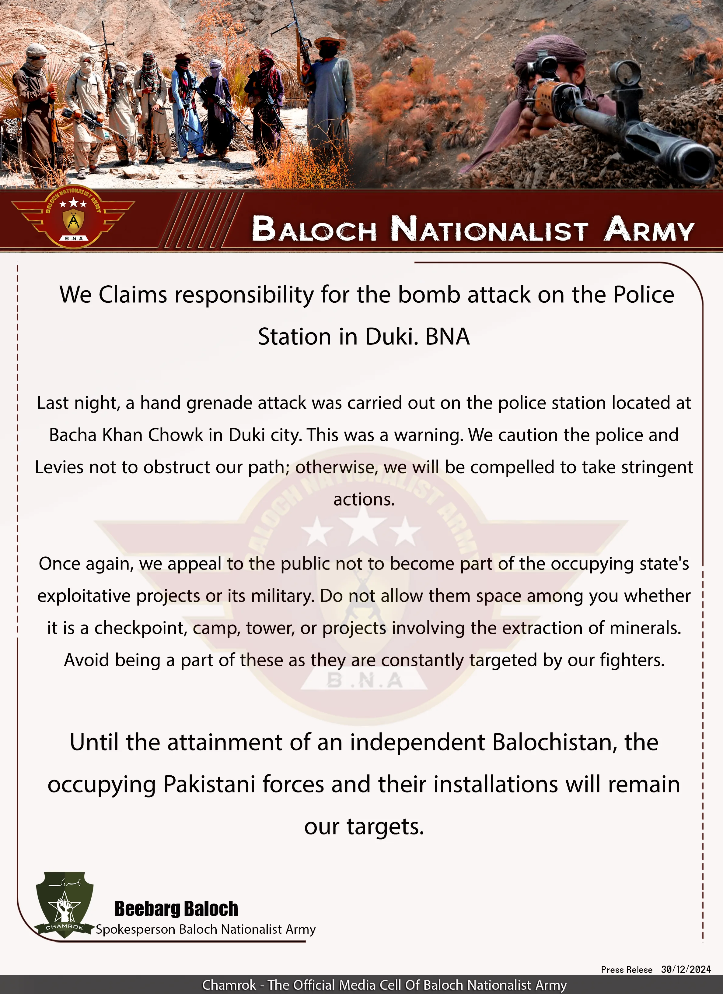 Nationalist Army Claims responsibility for the bomb attack on the Police Station in Duki.