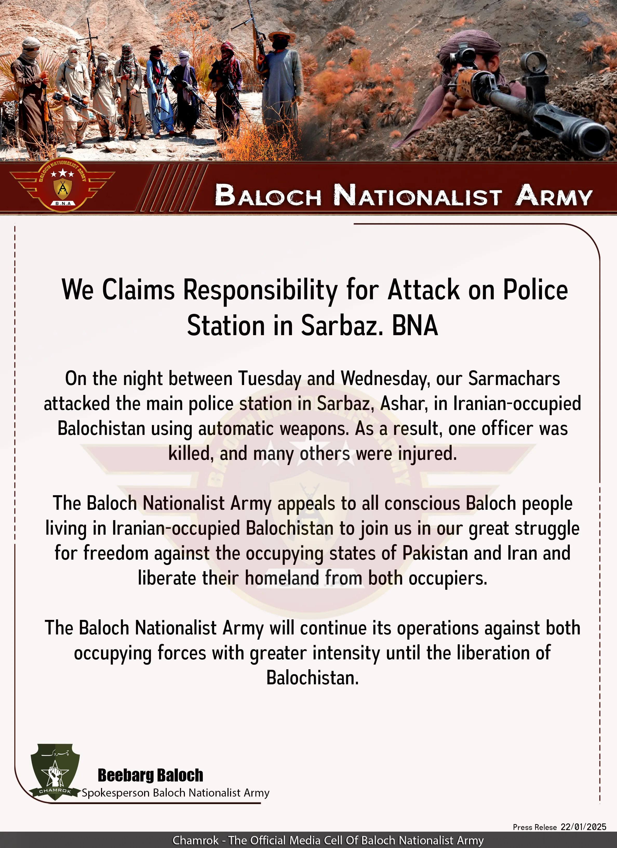 Baloch Nationalist Army Claims Responsibility for Attack on Police Station in Sarbaz. BNA