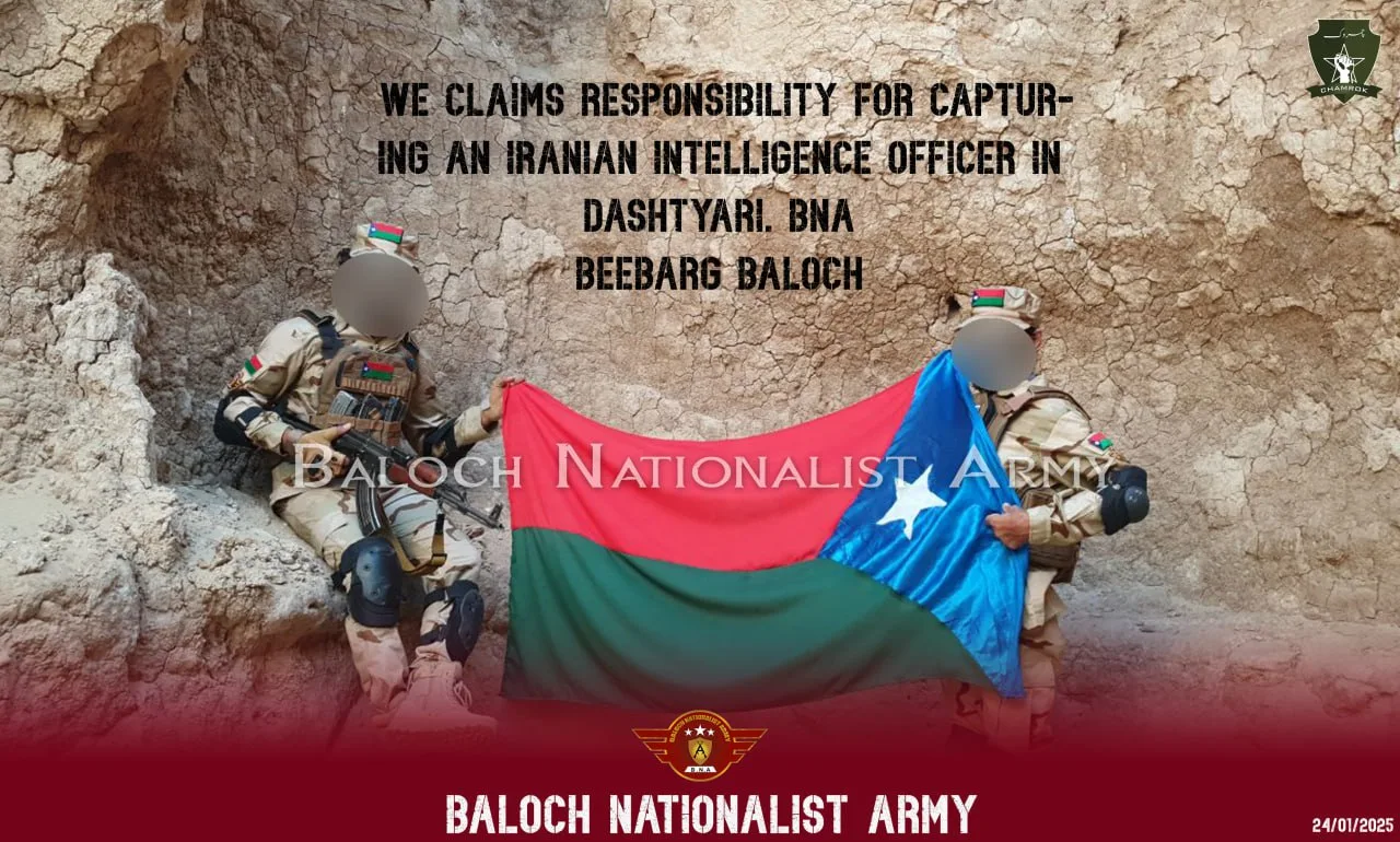 بلوچ نیشنلسٹ آرمی نے دشتیاری میں ایران کے انٹیلیجنس اہلکار کی گرفتاری، پسنی اور شال کوٹ حملوں کی ذمہ داری قبول کر لی