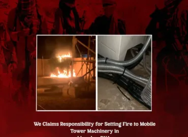 خضدار موبائل ٹاور کی مشینری کو نذر آتش کرنے کی ذمہ داری قبول کرتے ہیں – بی این اے