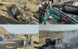 پنجگور دو زمباد گاڑیوں میں تصادم، آگ بھڑکنے سے 2 افراد جاں بحق، 2 زخمی