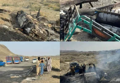 پنجگور دو زمباد گاڑیوں میں تصادم، آگ بھڑکنے سے 2 افراد جاں بحق، 2 زخمی