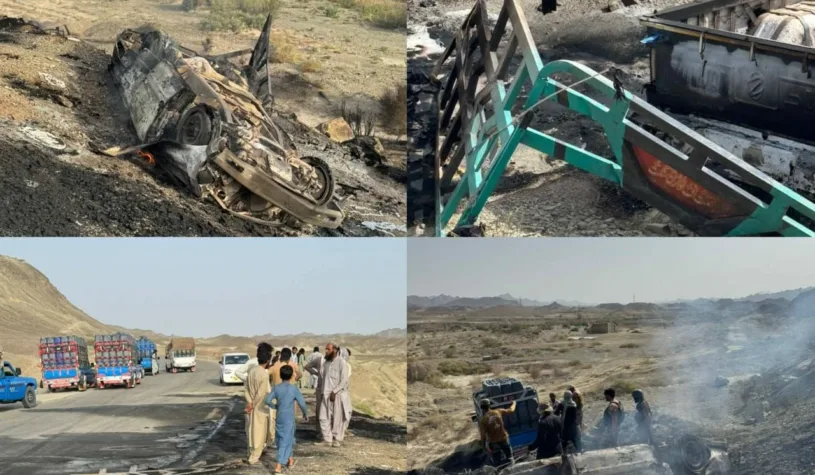 پنجگور دو زمباد گاڑیوں میں تصادم، آگ بھڑکنے سے 2 افراد جاں بحق، 2 زخمی