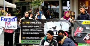 جرمنی احتجاج عالمی طاقتیں پاکستان کی نوآبادیاتی پالیسیوں کی حمایت کر رہی ہیں۔ بی این ایم