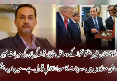 بلوچستان خیبر پختونخوا کے وسائل پنجابی قبضہ‌گیران کی میراث نہیں، عالمی منڈیوں میں معدنیات کا سودا ناقابلِ قبول ہے — میر جاوید مینگل