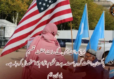 امریکا وائٹ آفس کے سامنے پمفلٹ تقسیم  پاکستان دہشت گرد ریاست ہے جو محکوم اقوام کا استحصال کر رہا ہے۔ بی این ایم