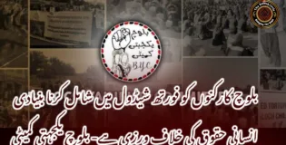 بلوچ کارکنوں کو فورتھ شیڈول میں شامل کرنا بنیادی انسانی حقوق کی خلاف ورزی ہے- بلوچ یکجہتی کمیٹی