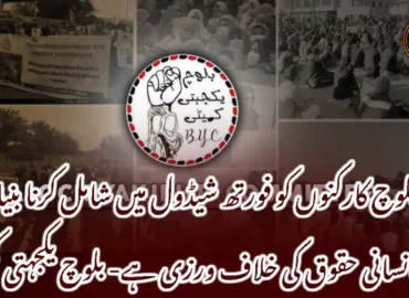 بلوچ کارکنوں کو فورتھ شیڈول میں شامل کرنا بنیادی انسانی حقوق کی خلاف ورزی ہے- بلوچ یکجہتی کمیٹی