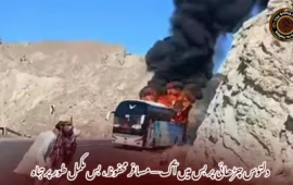 دلتوس چڑھائی پر بس میں آگ — مسافر محفوظ، بس مکمل طور پر تباہ