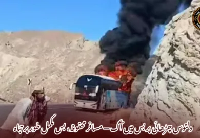 دلتوس چڑھائی پر بس میں آگ — مسافر محفوظ، بس مکمل طور پر تباہ