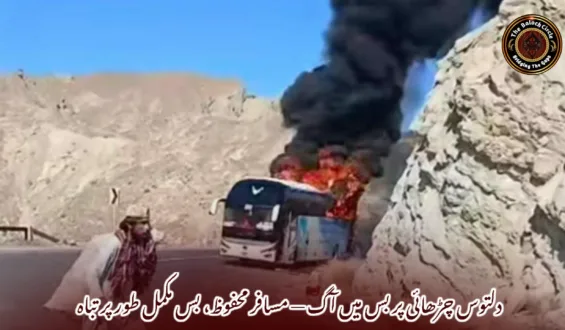 دلتوس چڑھائی پر بس میں آگ — مسافر محفوظ، بس مکمل طور پر تباہ