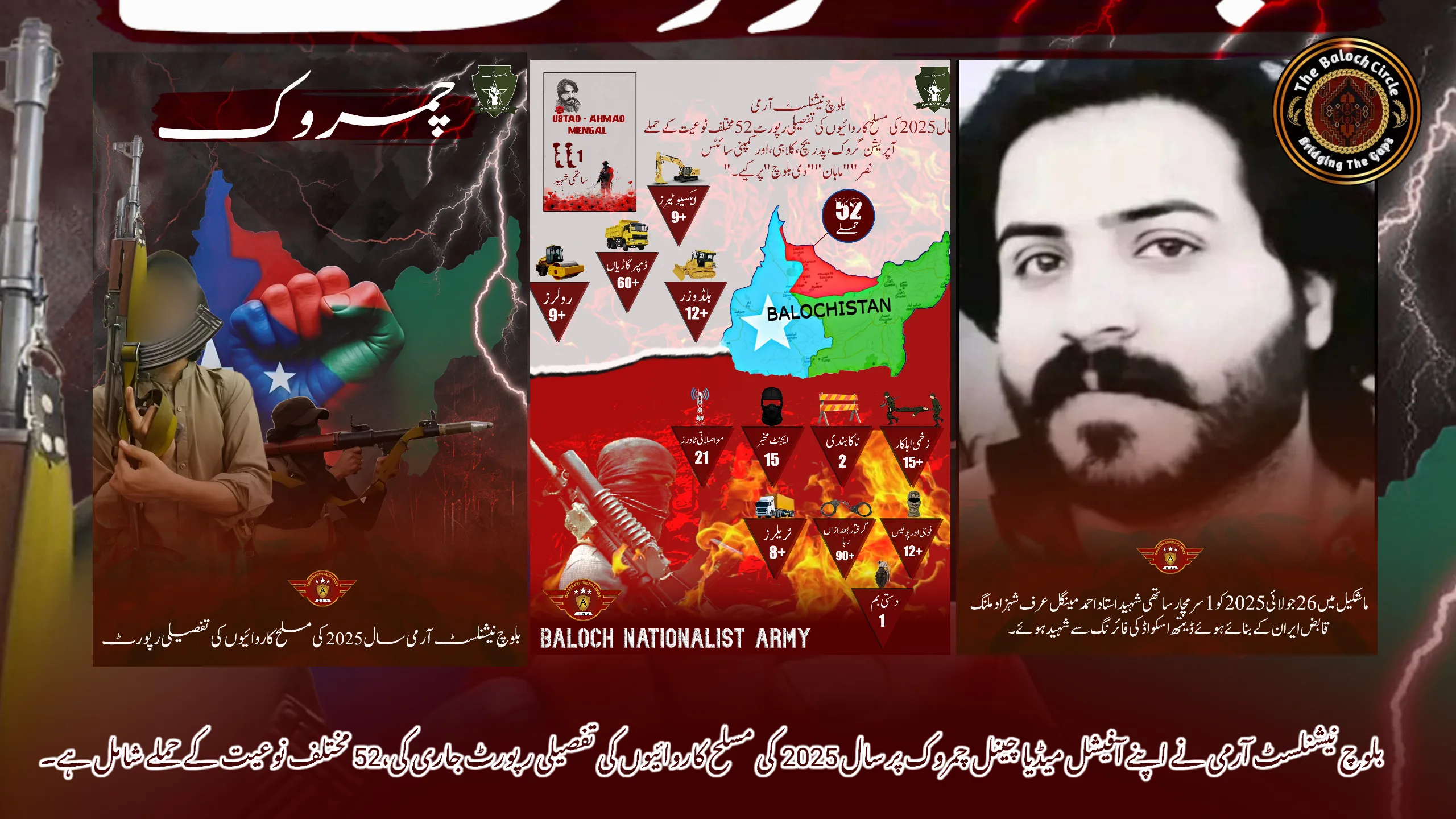 بلوچ نیشنلسٹ آرمی نے اپنے آفیشل میڈیا چینل چمروک پر سال 2025  کی مسلح کاروائیوں کی تفصیلی رپورٹ جاری کی،52 مختلف نوعیت کے حملے شامل ہے۔
