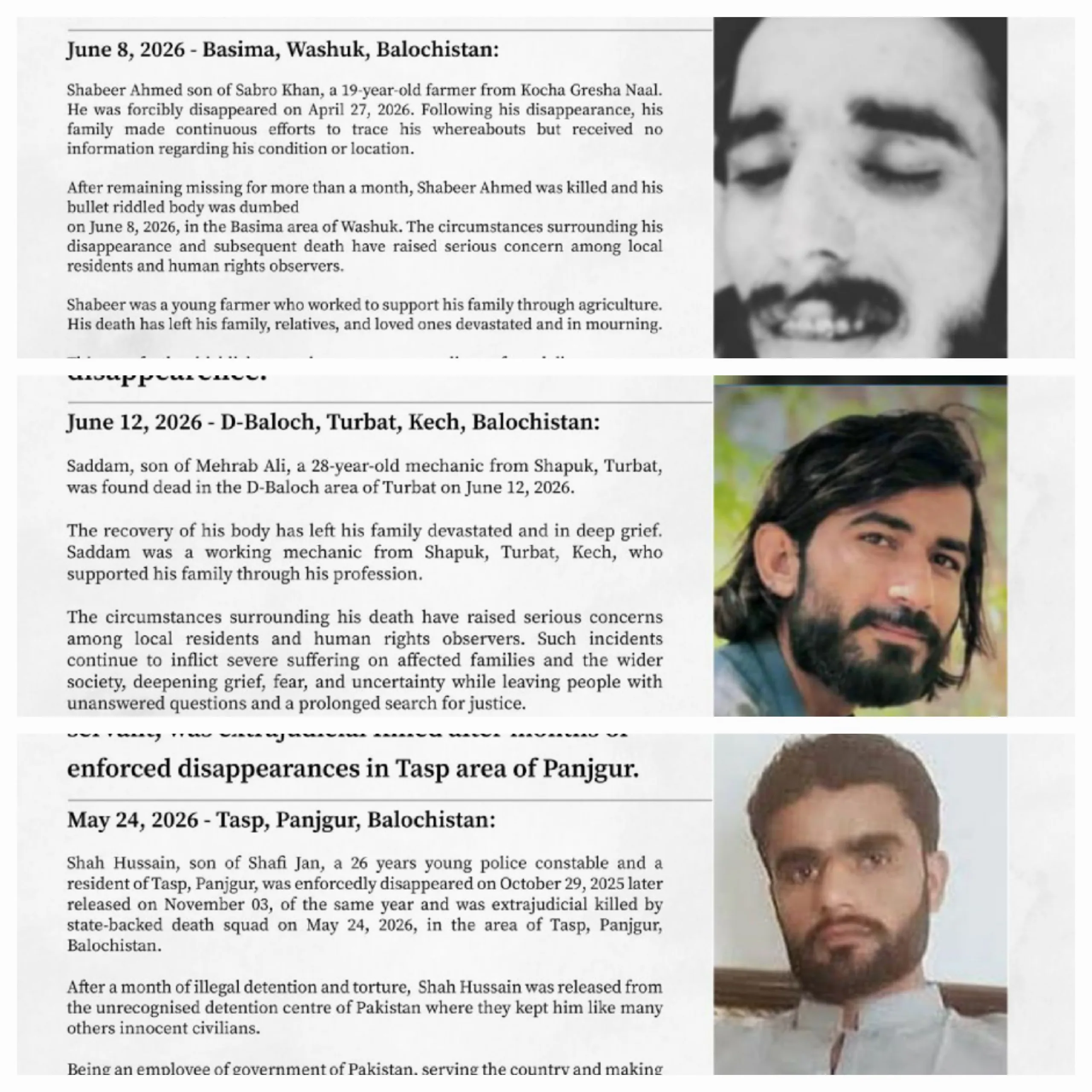 تربت، پنجگور اور واشک میں نوجوانوں کی ماورائے عدالت قتل ، بی وائی سی کا عالمی مداخلت کا مطالبہ