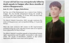 پنجگور سیف جان کو تین ماہ جبری گمشدگی کے بعد ڈیتھ اسکواڈز نے ماورائے عدالت قتل کر دیا ۔ بی وائی سی