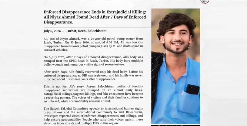 Enforced Disappearance Ends in Extrajudicial Killing: Ali Niyaz Ahmed Found Dead After 7 Days of Enforced Disappearance