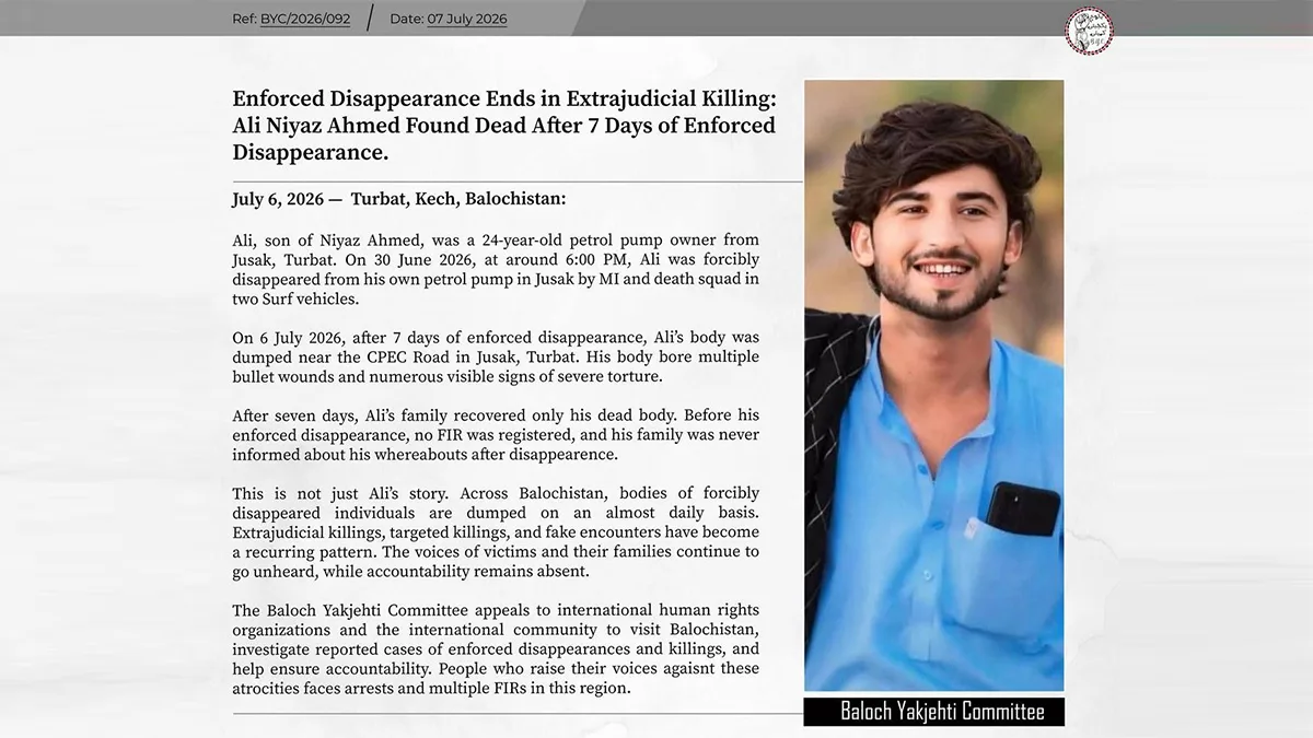 Enforced Disappearance Ends in Extrajudicial Killing: Ali Niyaz Ahmed Found Dead After 7 Days of Enforced Disappearance