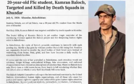 خضدار میں ایف ایس سی طالب علم کامران بلوچ کو ڈیتھ اسکواڈز نے نشانہ بنا کر قتل کردیا۔ بی وائی سی